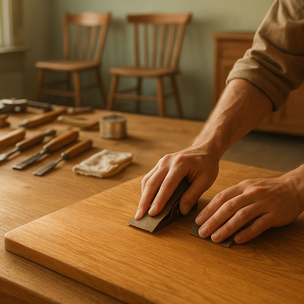 Helle Werkstatt für Möbelrestaurierung mit Holzarbeit im Detail