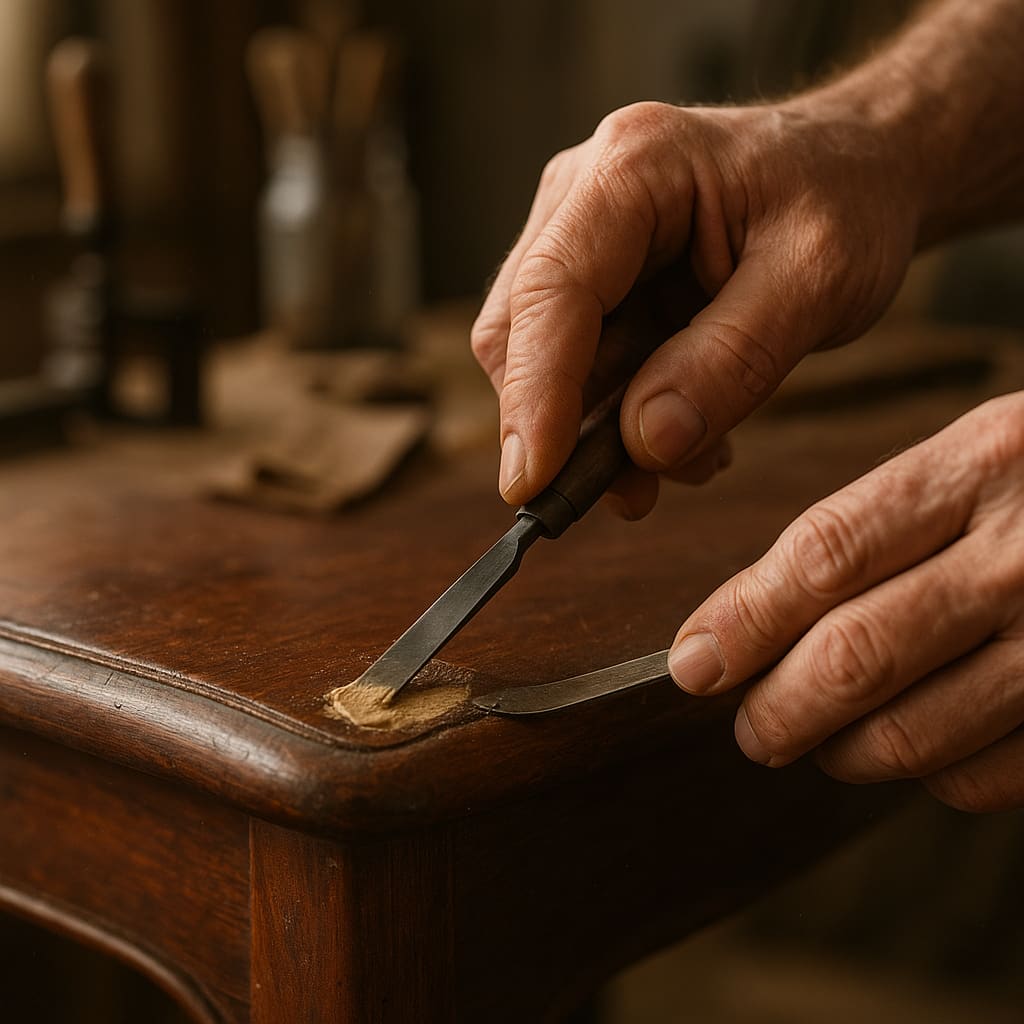 Detailaufnahme einer sorgfältigen Holzreparatur an einem Vintage-Möbel